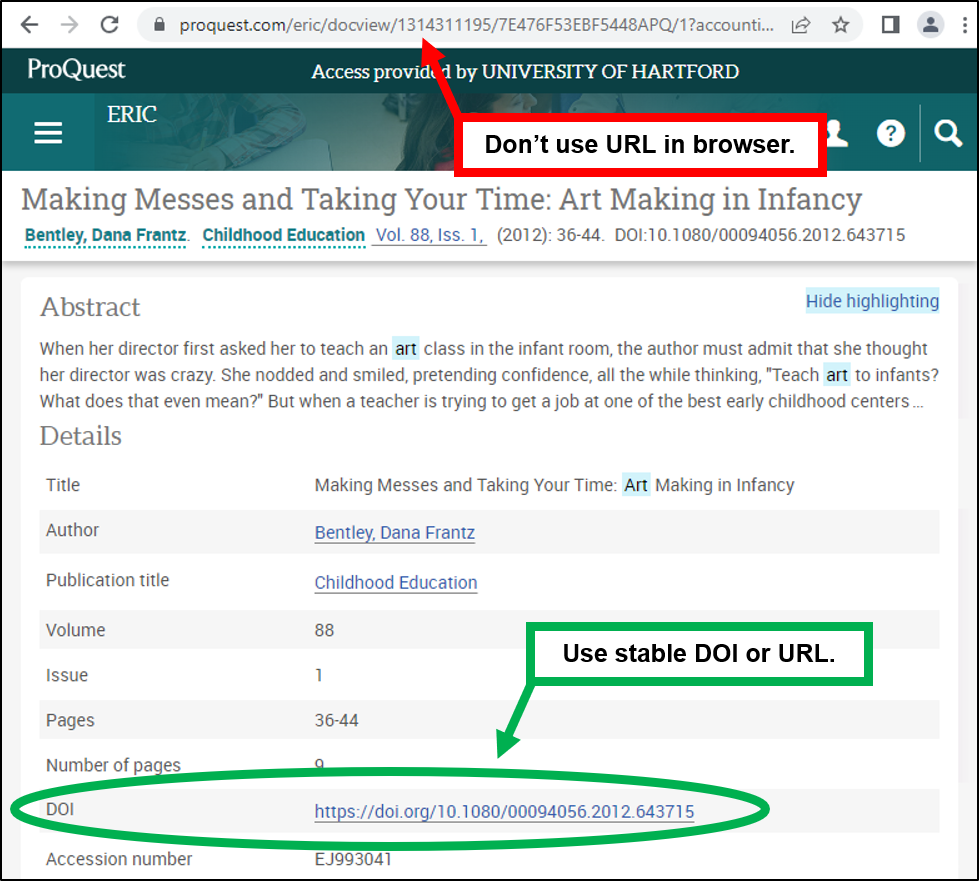 screenshot showing details page of an article in the ERIC database. text box pointing to browser bar says 'Don't use URL in browser.' text box pointing to DOI further down the page says 'Use stable DOI or URL.'
