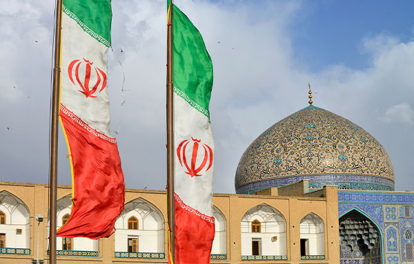 city horizon view of Iran with flags
