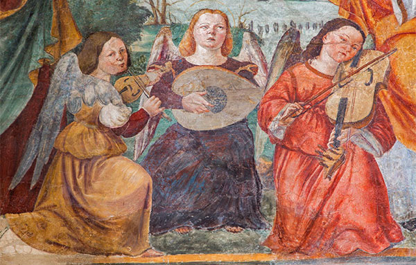 painting of three musicians playing instruments the middle ages