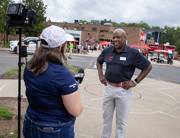 man giving interview