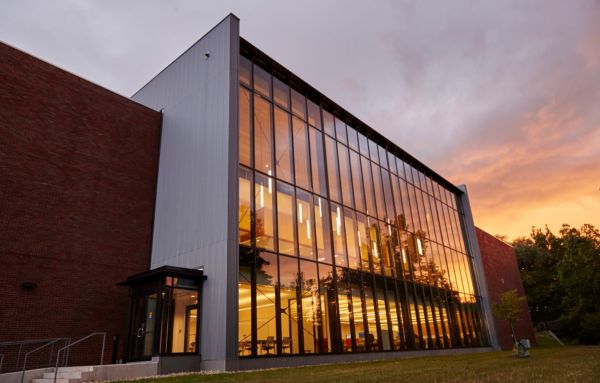 The Harrison Library exterior windows at sunset.