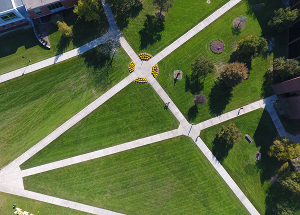 Aerial view of intersecting campus sidewalks