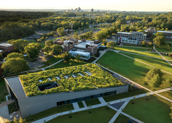 Aerial view of intersecting campus sidewalks