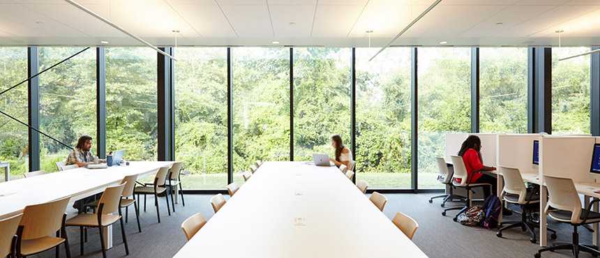 Inside view of Allen Library study tables and windows