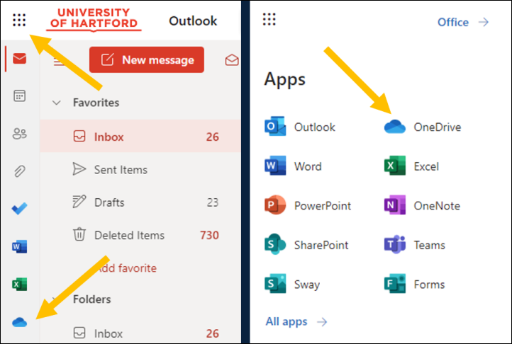 hawkmail menu showing blue cloud icon and 9-dot icon expanded with blue cloud OneDrive icon