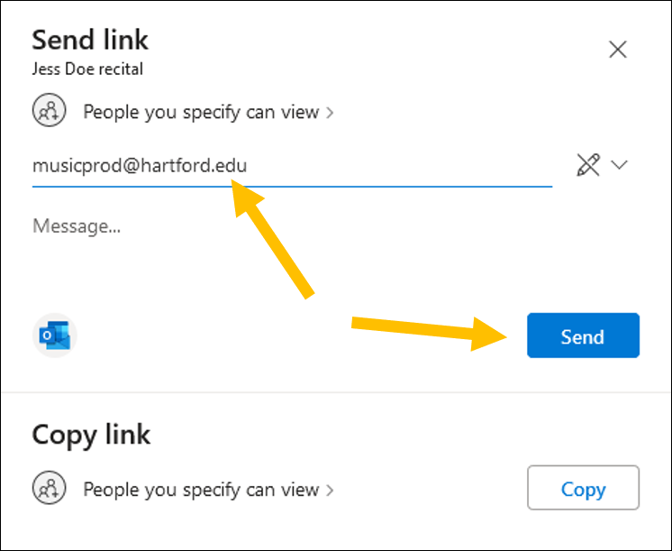 OneDrive share screen, says 'Send link" with line to enter emails and a 'Send' button