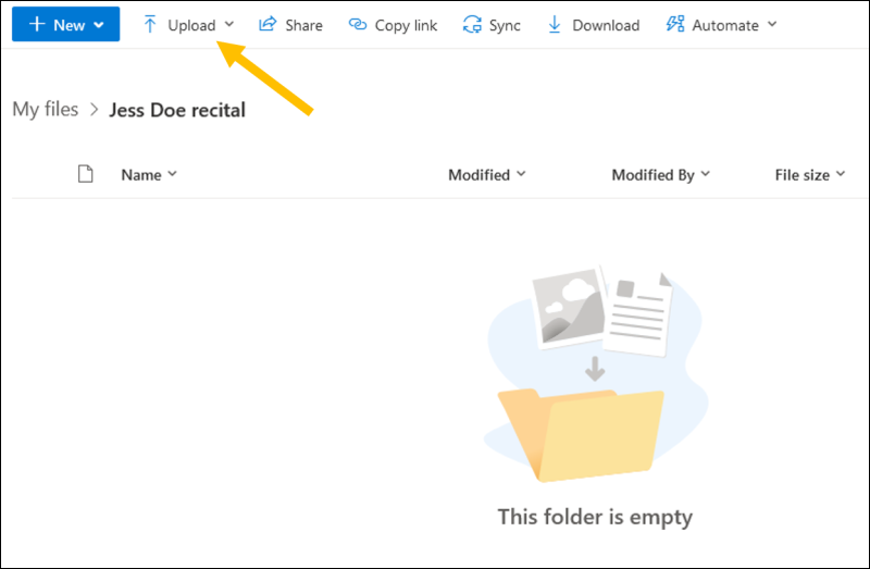 OneDrive with arrow pointing to Upload button in menu bar