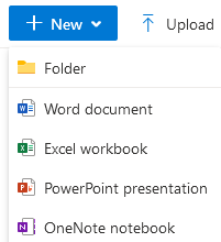 OneDrive 'New' drop-down menu showing Folder as the first option