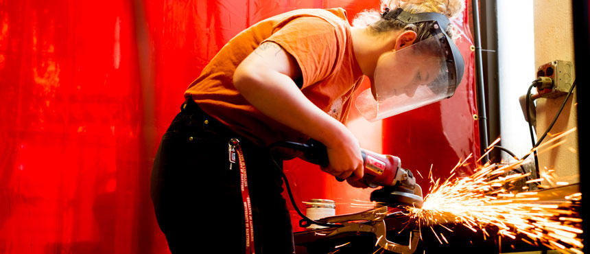 Student using welding equipment at the Hartford Art School