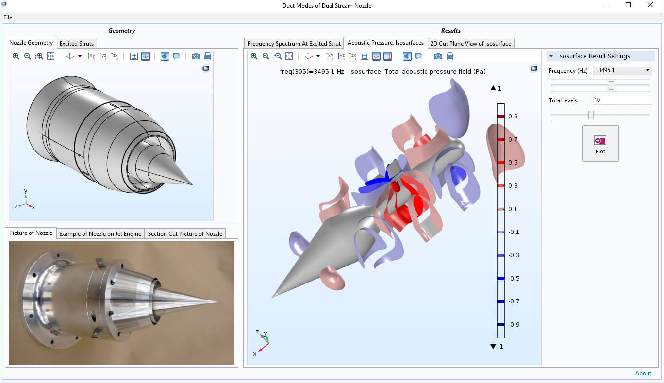 Simulation app built by undergraduate students Jeffrey Severino (2019) and Iliana Albion-Poles (2019). Their work was supported by the Connecticut Space Grant for Faculty Research. The app predicts the appearance of tones in a dual stream 4-strut nozzle for jet engines.