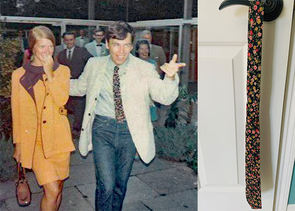 Dan and Lorna Riley in 1967 next to an image of a tie