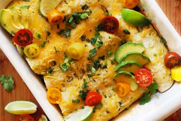 Black bean, egg, and vegetable breakfast enchiladas verdes