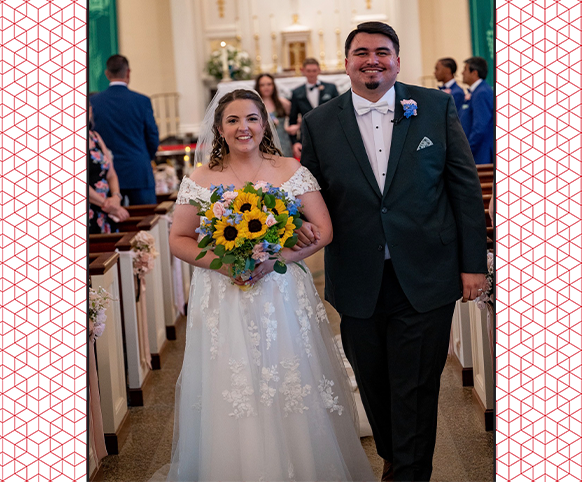 Ashleigh and Marcelino walking down the aisle