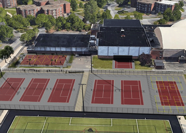 renderings of the tennis and basketball court project