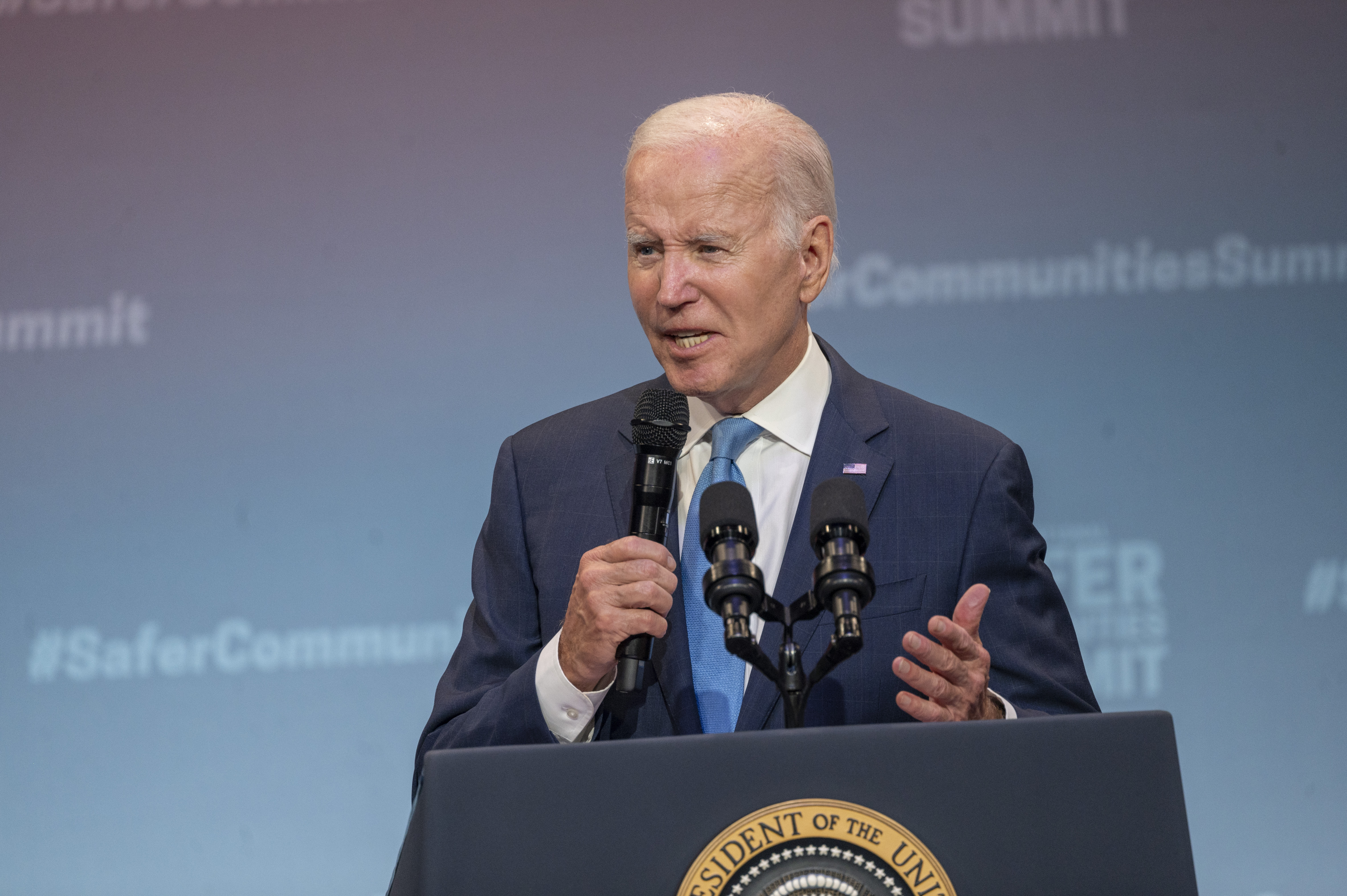 President Biden speaking at event on campus.