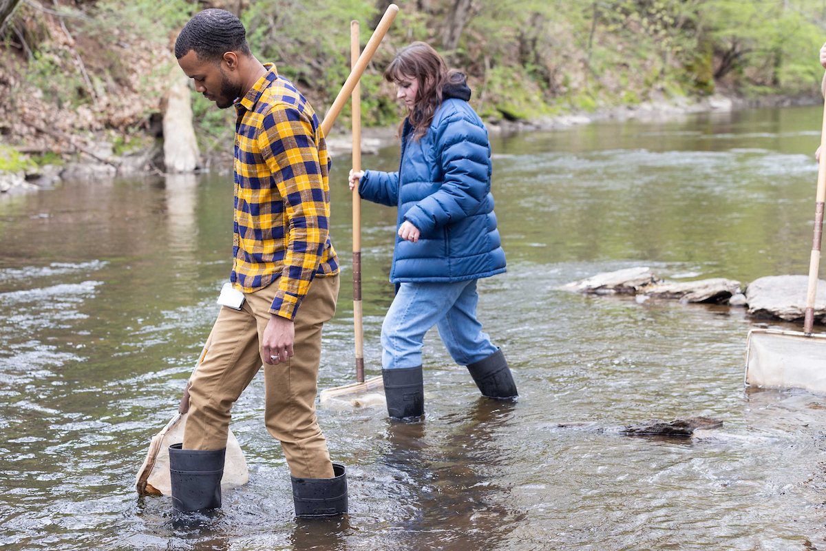 environmental students doing research in river