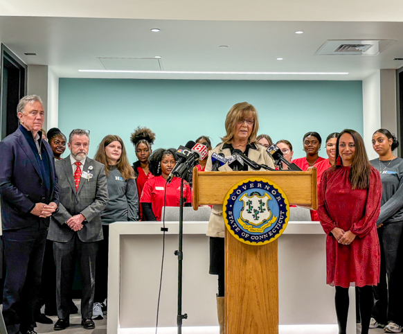Edie Ouellet at Governor Lamont press conference