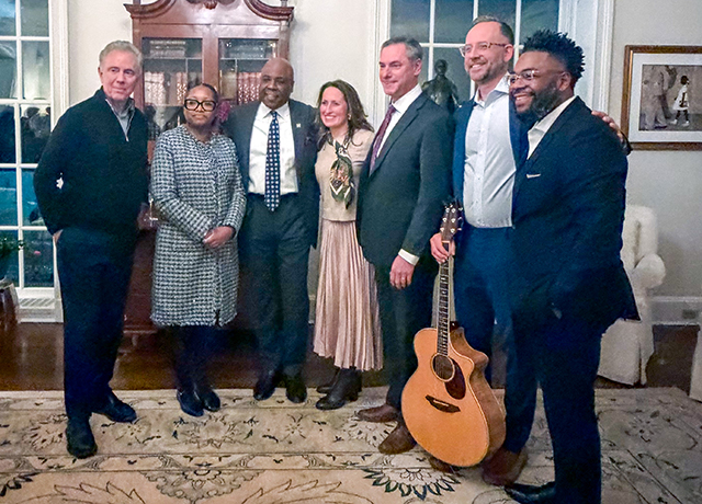 Gov. Ned Lamont, University of Hartford, A&S Dean Josie Brown, University of Hartford, President Larry Ward, Rell Director Sarah Miner; Board Chair, Mike Rell; Guitarist, Adam Scherer; Rell Center Board Member, Brandon McGee