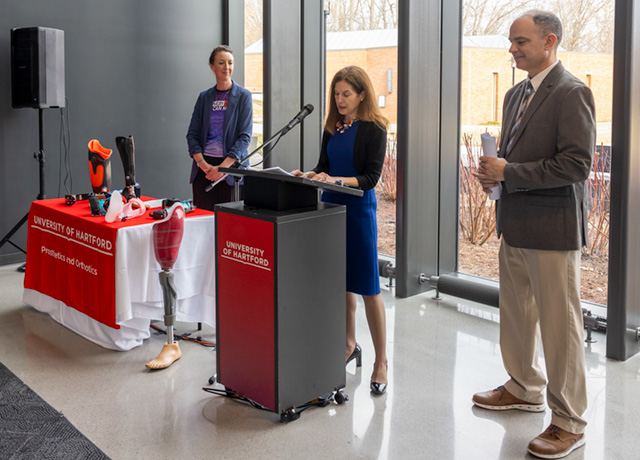 lieutenant governor giving a news conference at the university of hartford