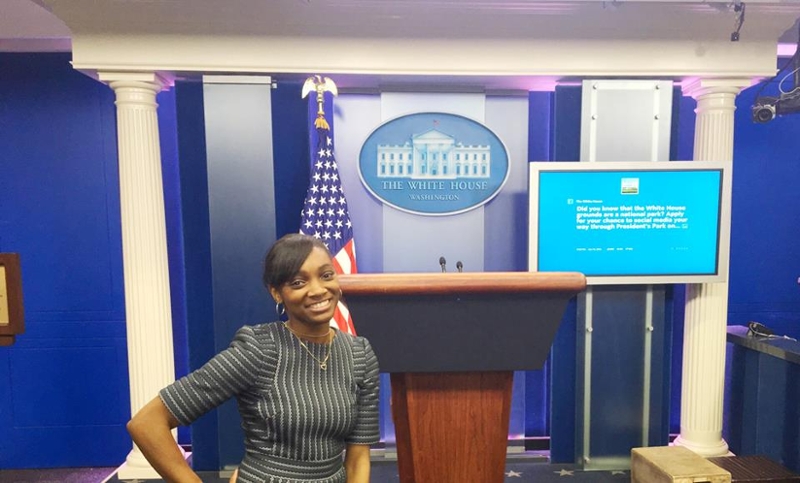 Myeisha Boyd '17 in the White House Briefing Room.