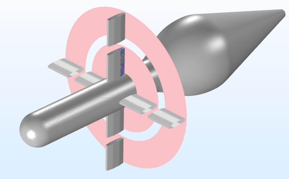 Fig. 1 4-strut nozzle configuration. Monitored plane at the trailing edge of the driven strut.