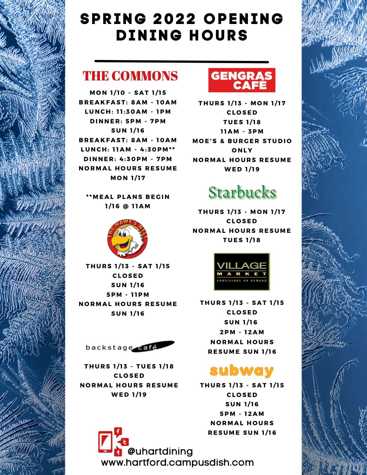 Spring 2022 Opening Dining Hours University of Hartford