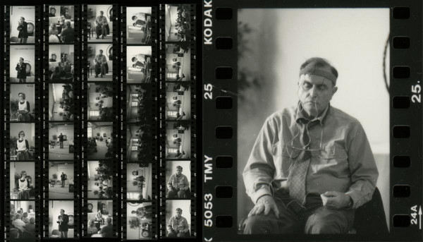 Detail of contact sheet from the Museum Archives Photograph Collection documenting Alvin Lucier's performance of Music for Solo Performer (1965) at the Wadsworth Atheneum on April 23, 1996, part of an "Evening Lecture Series" on performance art.