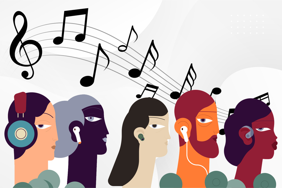 cartoon of people listening to music