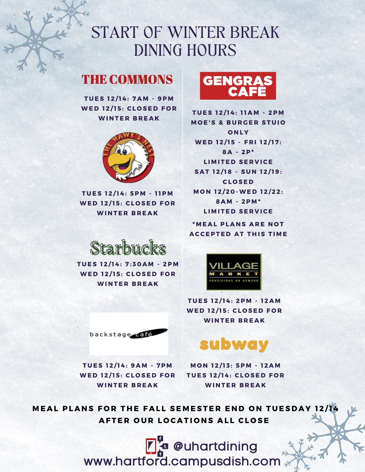 Start of Winter Break Dining Hours University of Hartford